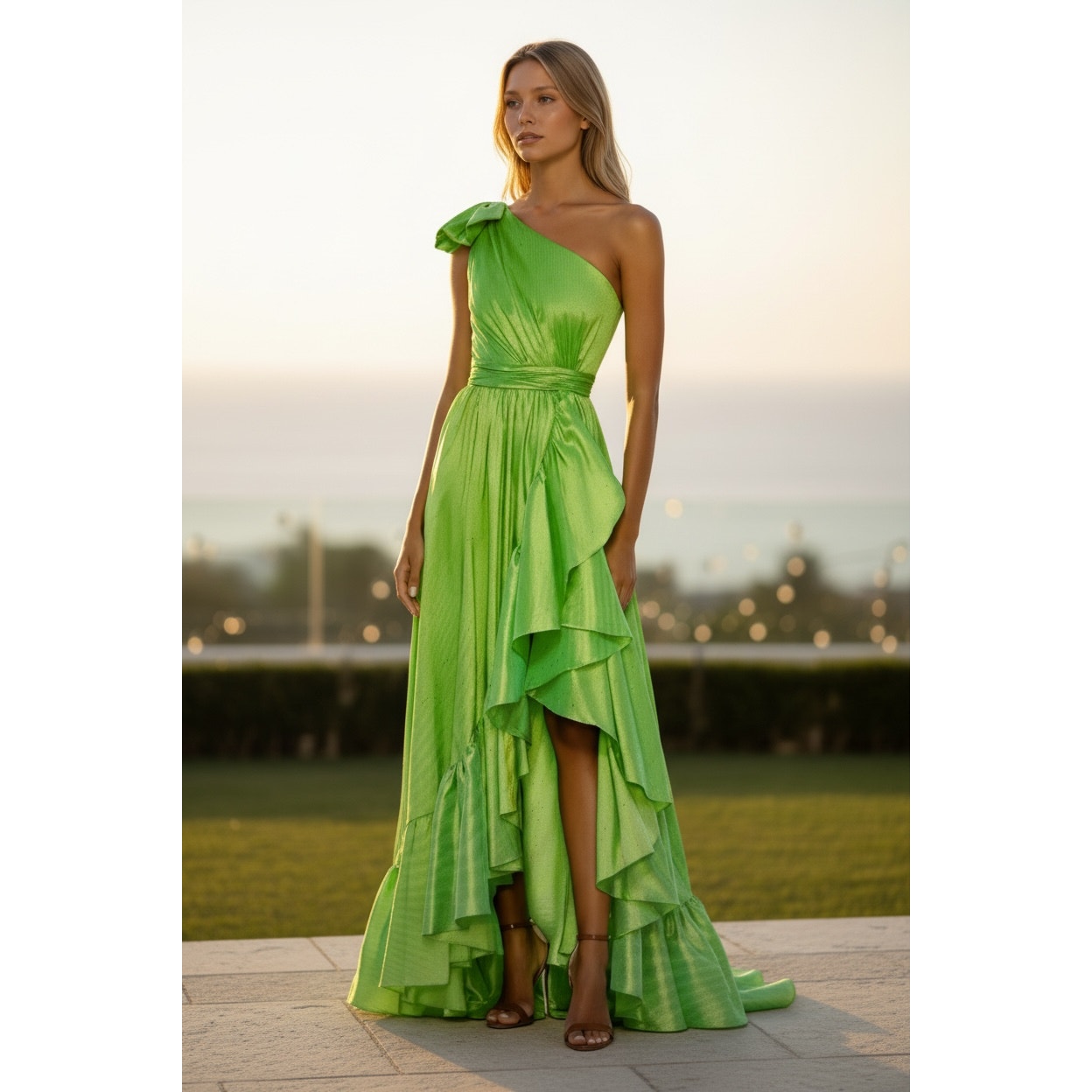 Mac Duggal Dress Size 0 Evening Gown New Green Bow One Shoulder Ruffle